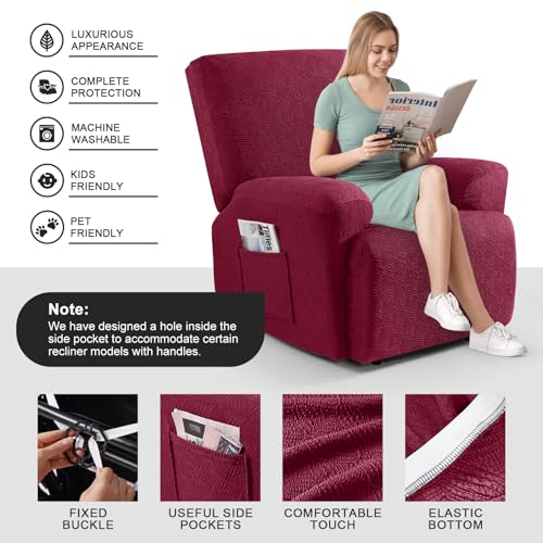 Image of Timeles Recliner Covers Recliner Chair Covers Reclining Couch Covers Sofa Slipcovers Stretch Soft Washable (One-Seater, Burgundy)
