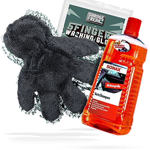 Autowäsche Bundle - SONAX Autoshampoo Konzentrat 2L + Garage Freaks 5 Fingers Washing Glove - Autopflege Set mit Fünf Finger Waschhandschuh und Auto Shampoo