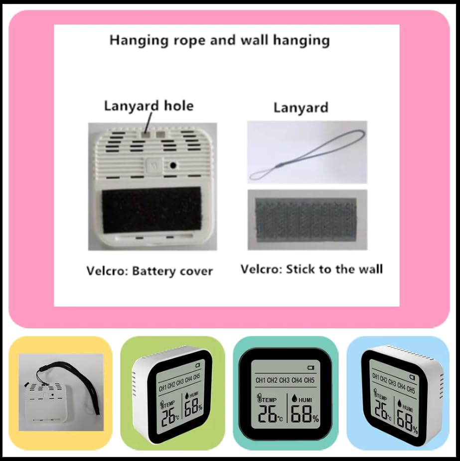 Close-up images showing the lanyard hole, lanyard, and Velcro for mounting the wireless sensors