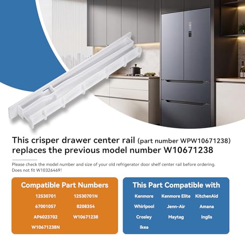 Image of Upgrade W10671238 WPW10671238 Fridge Crisper Drawer Center Rail Replace 12530701 12530701N 67001057 Compatible with Whirlpool, Kenmore, Maytag, and Amana Refrigerator Drawer Slide Rail Replacement