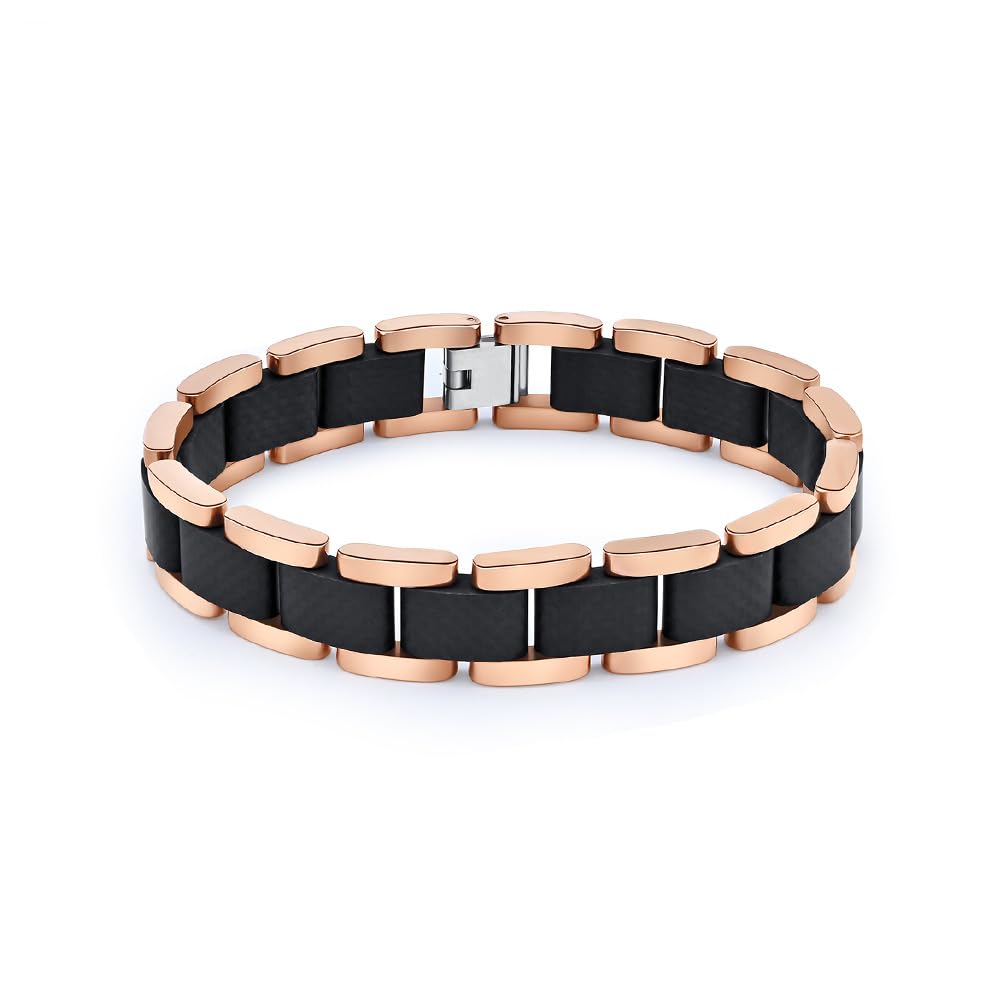 Men's Two-Tone Bracelet, Rose Gold Titanium with Black Carbon Fiber, 8.1 Inch