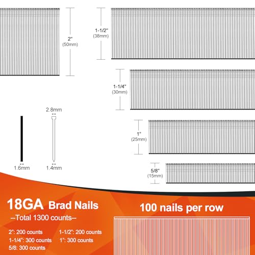 Image of PINOZE 18 Gauge Brad Nails Galvanized, 1300-Count (2 inch, 1-1 /2 inch, 1-1 /4 inch, 1 inch, 5 /8 inch) 18GA Nail Gun Nails Assorted and Small Finishing Nails Assortment for Pneumatic, Electric Brad Nailer Gun