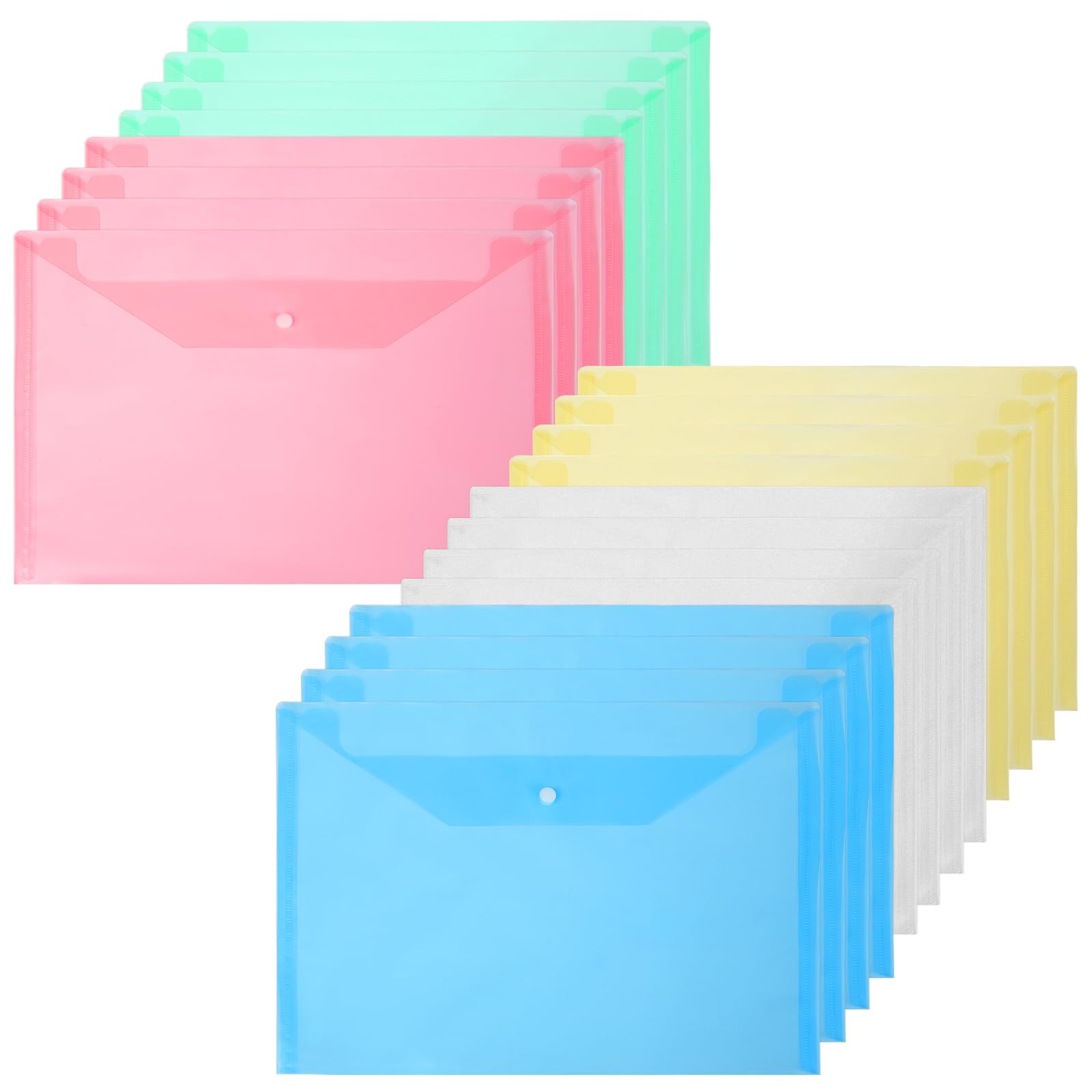 Vicloon Carpetas Para Archivo, 20Pcs Carpetas de Plástico A4 Bolsas de Documentos con Botón para Documentos, Certificados, Recibos, Oficina y Escolar, 5 Colores