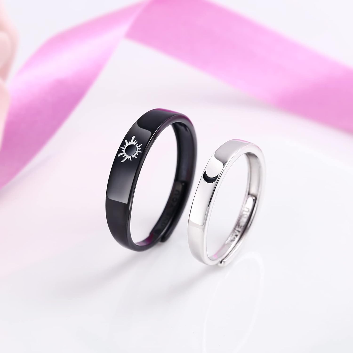 Beydodo 925 Silver Rings Custom Adjustable Sun and Moon Matching Rings Engraved I Love You Couples Rings Wedding