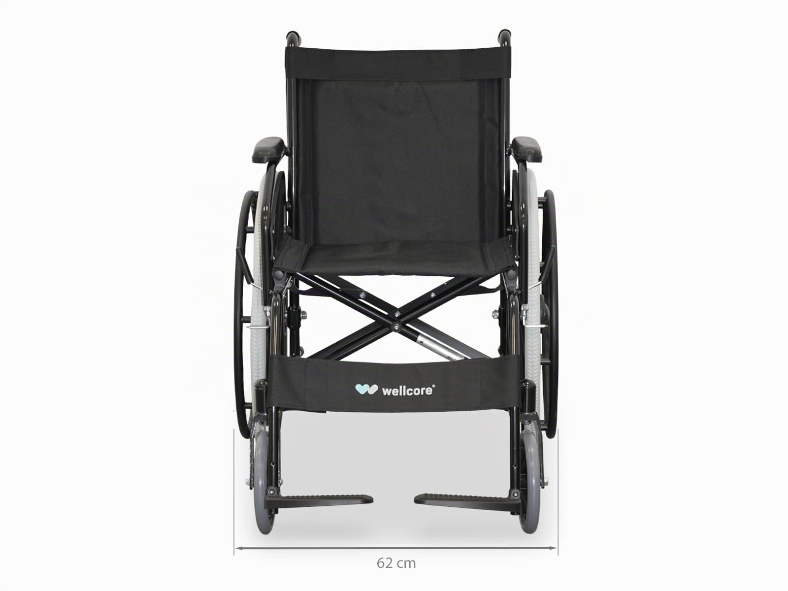 WELLCORE Faltbarer und selbstfahrender Rollstuhl, Aluminium, leicht, kompakt, hohe Festigkeit, massive Räder, Handbremsen, gepolsterte Armlehnen, klappbare Fußstütze