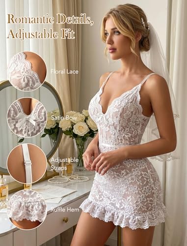 Image of Girece Sexy Lingerie for Women Babydoll Lingerie Dress Lace Chemise Nightgown with Adjustable Straps, Ruffle Hem G String