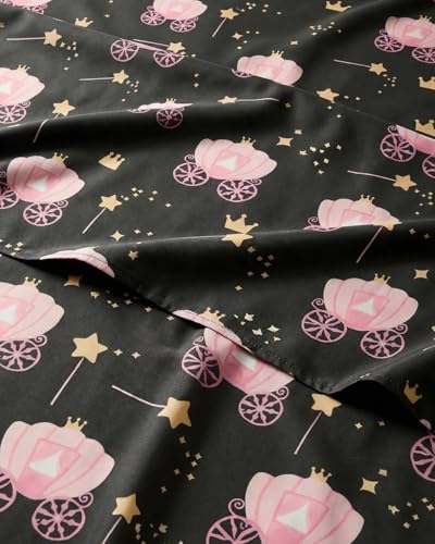 Image of Kids Twin Size Princess Carriage Bed Sheets - 3 Piece Kids Sheet Set | Princess Carriage Themed Bedding, Ultra-Soft, Cute & Cozy, Breathable & Machine Washable, Bed Set for Boys, Girls & Teens