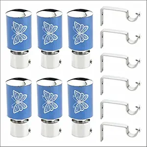 BUMBEREL Curtain Stainless Steel Brackets Parda Holder with Support 1 Inch Curtains Rod Pocket Butterfly Designer Door and Window Curtain Holders and Rod Support Fittings (Blue 3 Pair)