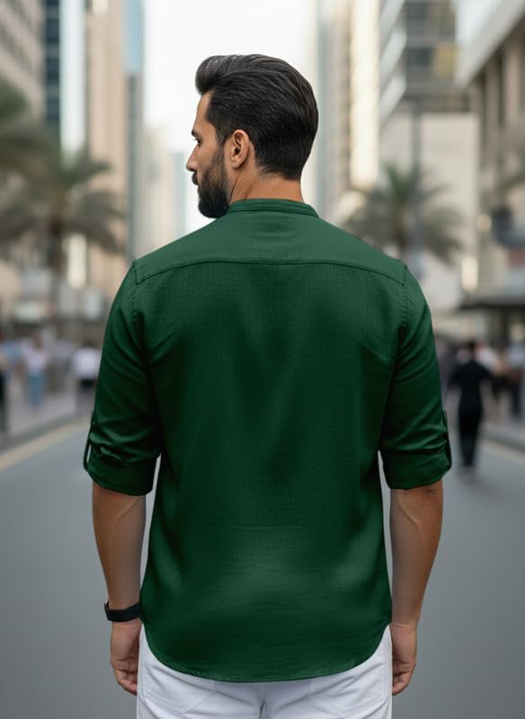 Image of Men Cotton Blend Mandarin Collar Casual Kurta Shirt | Roll-Up Sleeves | Regular Fit Ethnic Short Kurta for Daily