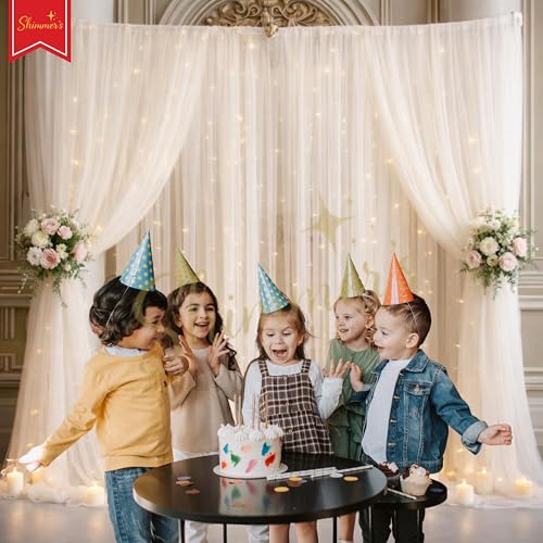 Image of Shimmers 3 Pcs White Net Curtain Backdrop Set with Ribbon & 3 Hooks - Sheer Fabric Drapes for Wedding Decoration, Birthday Party, Baby Shower, Stage Decor, Photo Booth Background Setup