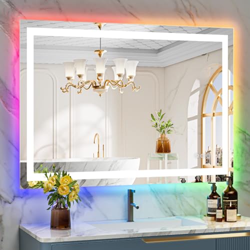 Image of 44x32 Inch RGB LED Bathroom Mirror Front Light and RGB Backlit Lighted Vanity Mirror for Bathroom Wall Mounted Dimmable Anti Fog Memory Shatter-Proof IP54 Waterproof Horizontal /Vertical
