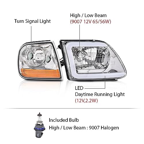 Image of G-PLUS Lightning Style Headlights LED DRL Light Strip Compatible with Ford Expedition 1997-2002 /Fit Ford F150 1998-2004 /Fit F250 1997-1999 Clear Lens Chrome Housing Amber Reflector