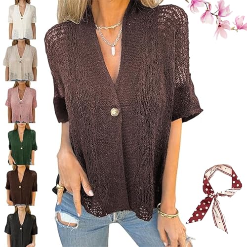 Hollow V-Neck Single Button Loose Short Sleeves, Hollow V-Neck Women's Crochet Cardigan
