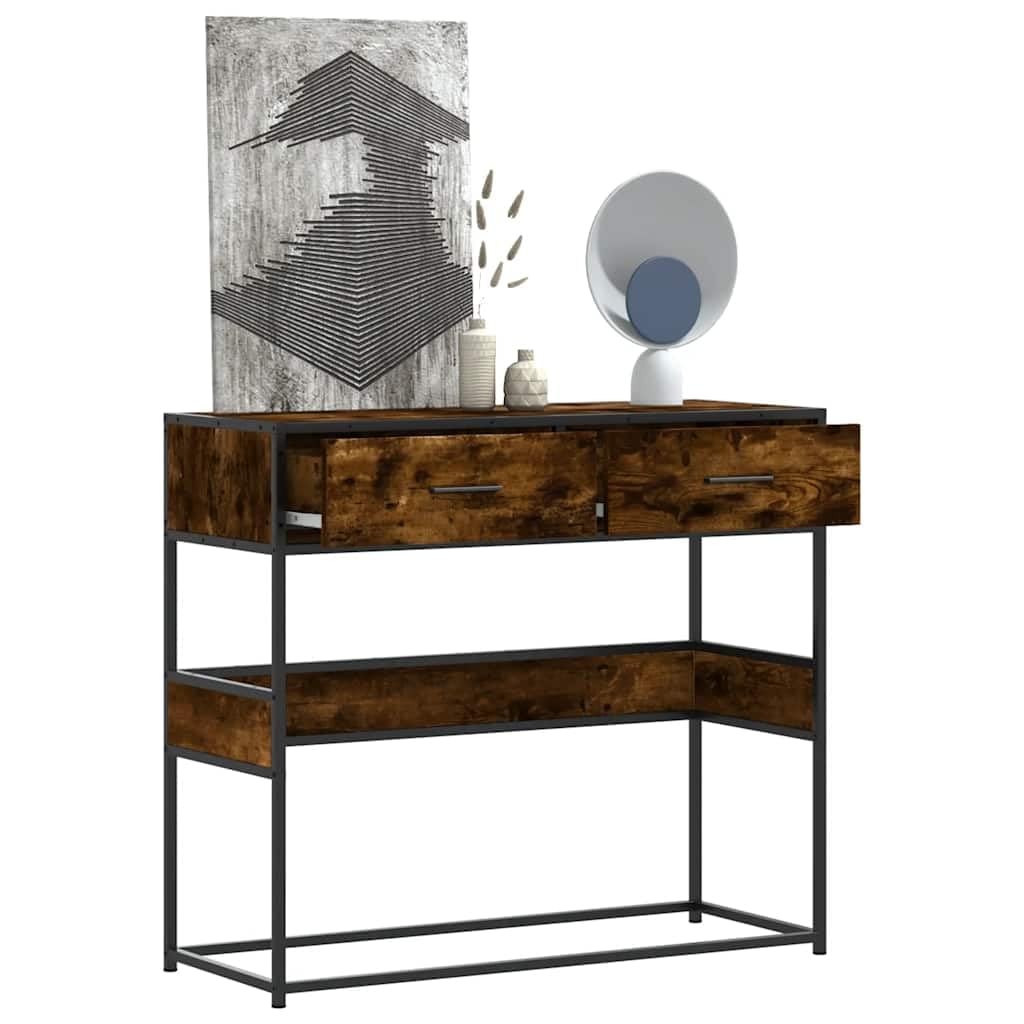 SXZenSpace 90x35x80 cm Smoked Oak Console Table, Metal Frame, Drawers & Shelves for Hallway/Living Room