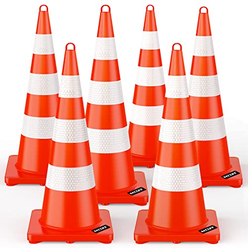 BATTIFE Traffic Safety Cones 36 Inch with Handheld, Orange Cones with Reflective Collar, Cones for Parking Lot, Sport & Driving Training, Road Safety, Construction Events (6 Cones)