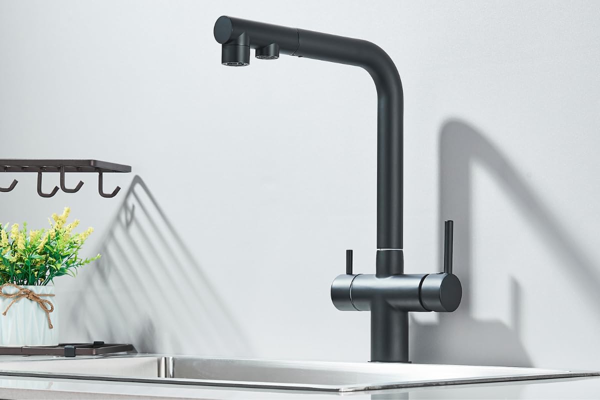 Rubinetto da cucina a 3 vie VENOM Pull-Out con doccetta estraibile, tubo separato per acqua potabile filtrata, beccuccio girevole a 360°, 2 tipi di getto, cartuccia in ceramica, corpo in ottone (nero)