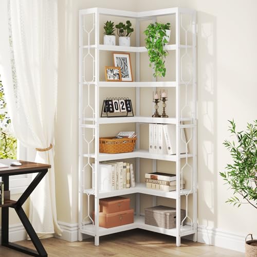 Image of Tribesigns Corner Shelf, 7-Tier Industrial Corner Bookshelf, Wood and Metal Corner Etagere Bookcase, Freestanding Display Shelf for Living Room, Kitchen, Home Office, White