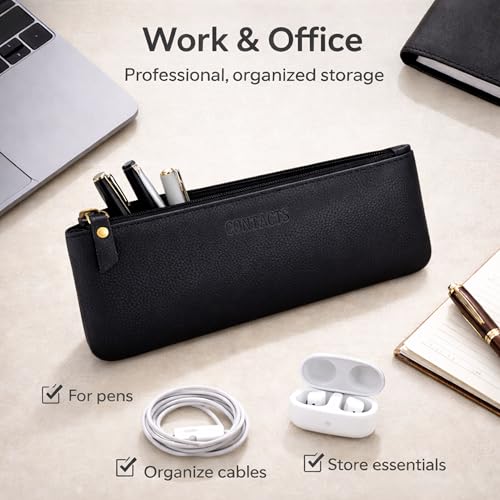 Image of CONTACTS Genuine Leather Small Pouch Multipurpose Utility Bag Zipper Pencil Pouches Holder Aesthetic for Adults Men Women Boys Coin Purse Money I Pen I Key I Tool Jewelry Bag - Black