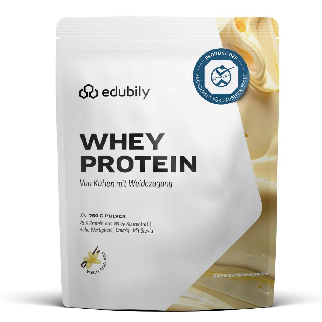 edubily® Whey Protein Konzentrat - Aus Milch von Kühen mit Weidezugang - Ohne Zucker & mit Stevia gesüßt - Optimale Löslichkeit - Made in Germany (750 g, Vanille)