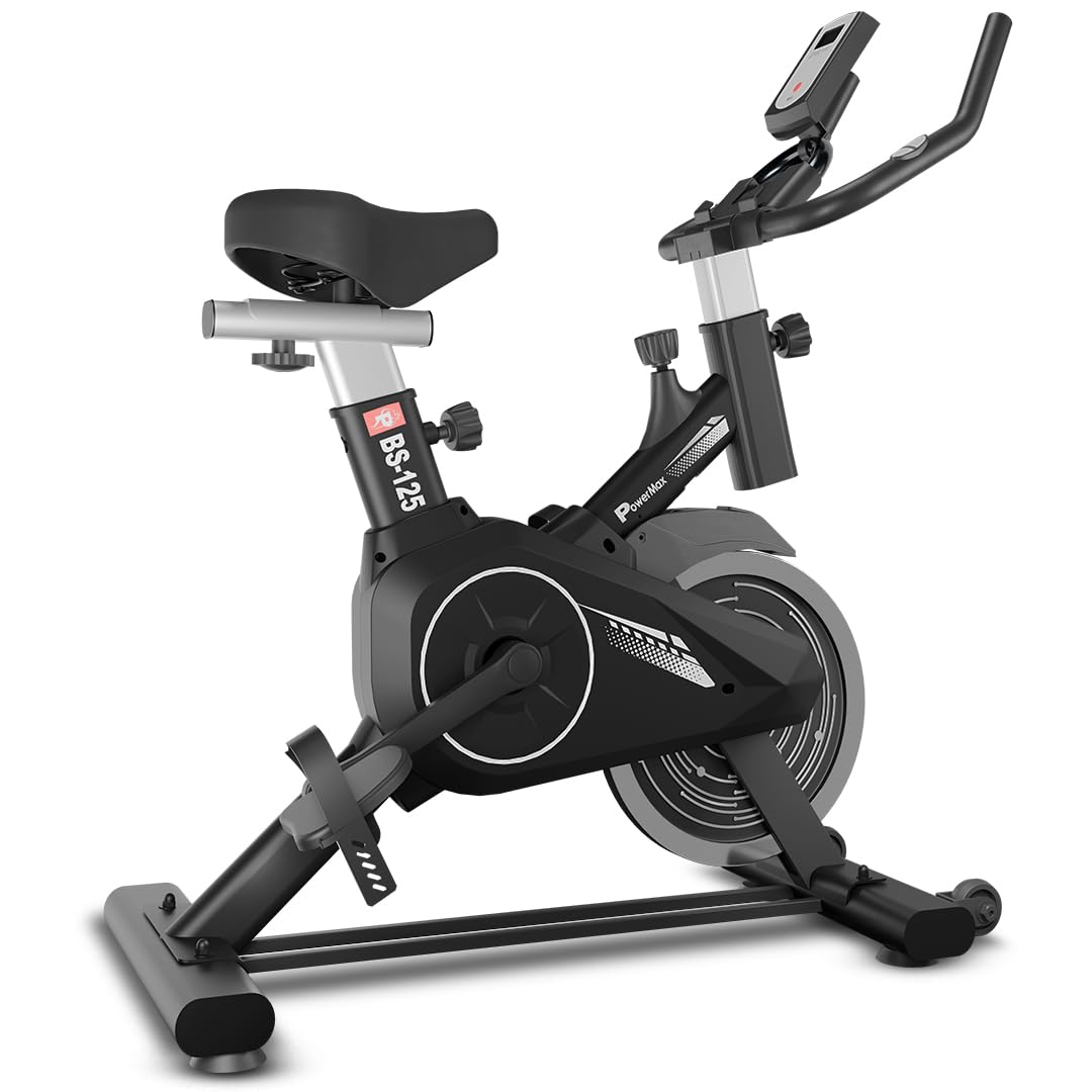 PowerMax Fitness BS-125 Spin Exercise Bike for Home use, 16mm 7Kg Flywheel, Max User Weight 130kg, LCD Display, 2pc Crank, Heart rate sensor, Knob braking, Adjustable foot strap and seat, iPad holder
