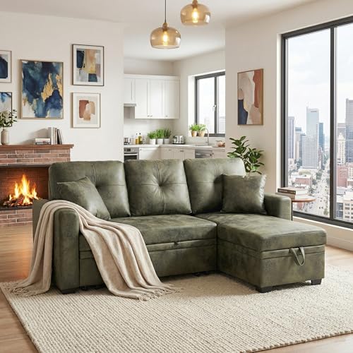 Image of KEIKI 71 inch Sectional Sleeper L Shaped Sofa with Pull Out Bed, Sleeper Sofa with Reversible Chaise, 3 Seater Modular Sectional Sofa with Storage for Living Room, Olive Green