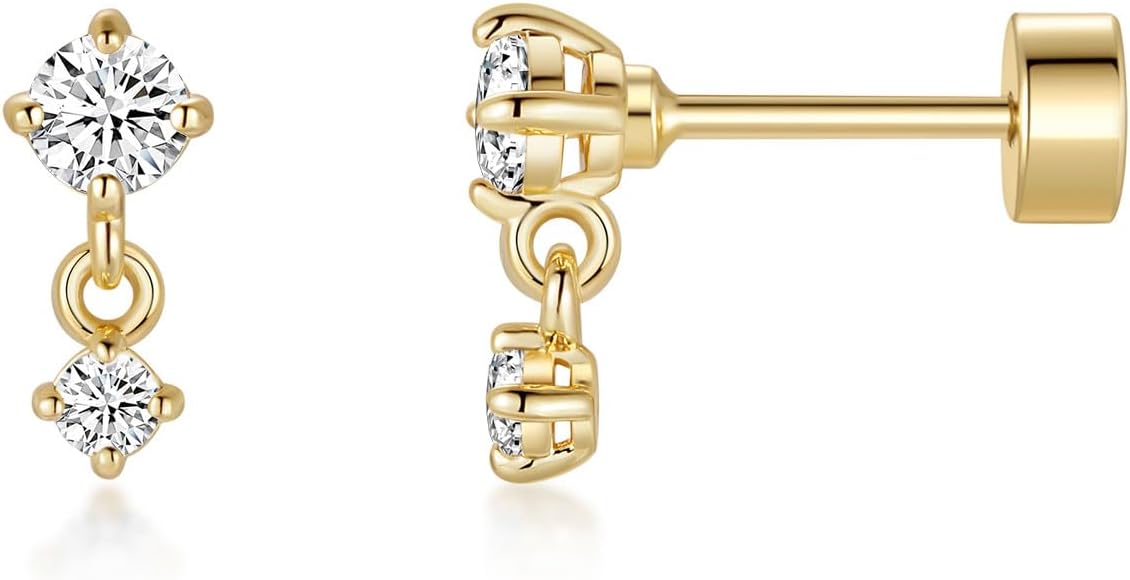 ASHINE 14K Gold Plated Dangle Flat Back Earrings | Sterling Silver Posts Dainty Double Stone Multi-Shape Earring | Tragus Cartilage Piercing Jewelry for Women