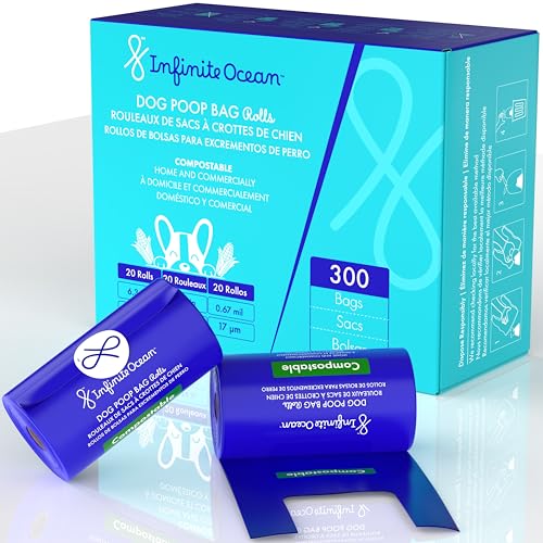 Certified Home Compostable Dog Poop Bag Rolls, 300 Tie-Handle & Gusseted, Leak-Proof, Odor-Proof Bags, Thick Blue Refill Rolls, Unscented