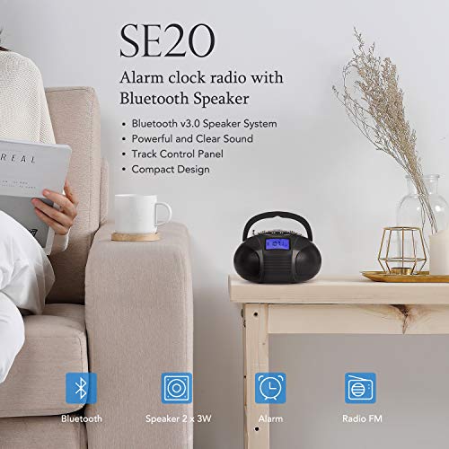 August SE20 - Mini Bluetooth MP3 Stereo - Portable Radio with Powerful Bluetooth Speakers - FM Alarm Clock Radio with SD Card Reader, USB and AUX in - Black