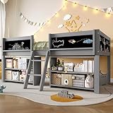 Merax Kinderbett 90x200 cm, Hochbett mit Stauraum und Rausfallschutz, Jugendbett mit Leiter, Bücherregal & Zeichentafel, Holzbett mit Lattenrost - Kiefer massivholz, ohne Matratze, Grau