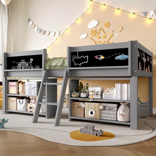 Merax Kinderbett 90x200 cm, Hochbett mit Stauraum und Rausfallschutz, Jugendbett mit Leiter, Bücherregal & Zeichentafel, Holzbett mit Lattenrost - Kiefer massivholz, ohne Matratze, Grau