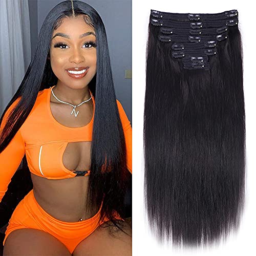 Nvnvdij Straight Clip in Hair Extensions Human Hair 8pcs Per Set with 18Clips Double Weft Clip in Human Hair Extensions