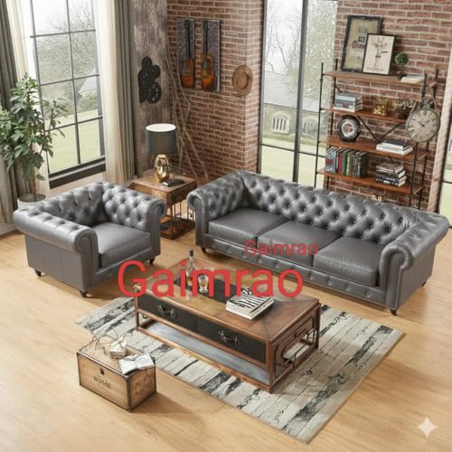 Image of Classic Leatherette Chester Sofa Set Button Tufted, Classic Style Sofa Set 3-Person Sofa for Living Room, Office, and Hallway Colour (Grey Leatherette, 3+2+1=6 Seater Sofa)