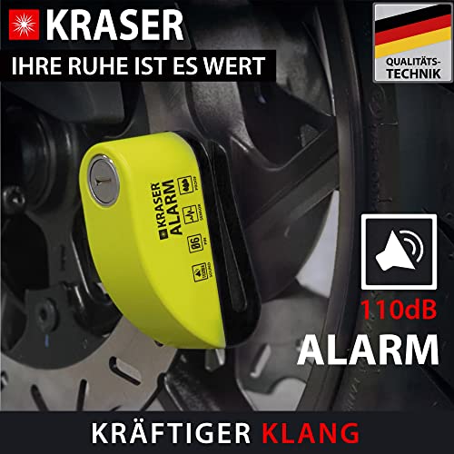 KRASER WA6Y Bremsscheibenschloss mit Alarm 110 dB, Verstärkt, 3 Schlüssel (2 Ersatz) Hochsicherheits Motorrad Schloss, Wasserdicht,1.5m Rückrufkabel, Tasche, Universal Motorradschloss, Fahrradschloss