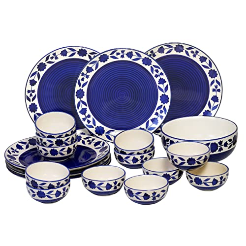 Image of Freakway Floral Hand-Painted Ceramic Dinner Set of 19 Pieces Including (10 Inch) 6 Stoneware Dinner Plates, 12 Serving Bowls (180 Ml) with 1 Large Bowl | Microwave & Dishwasher Safe - Royal Blue