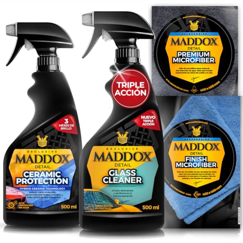Maddox Detail - Pack Completo de Cuidado Automotriz con Protección y Brillo Superior | Glass Cleaner, Premium Microfiber, Ceramic Protection y Multi-Use Microfiber 2x500ml