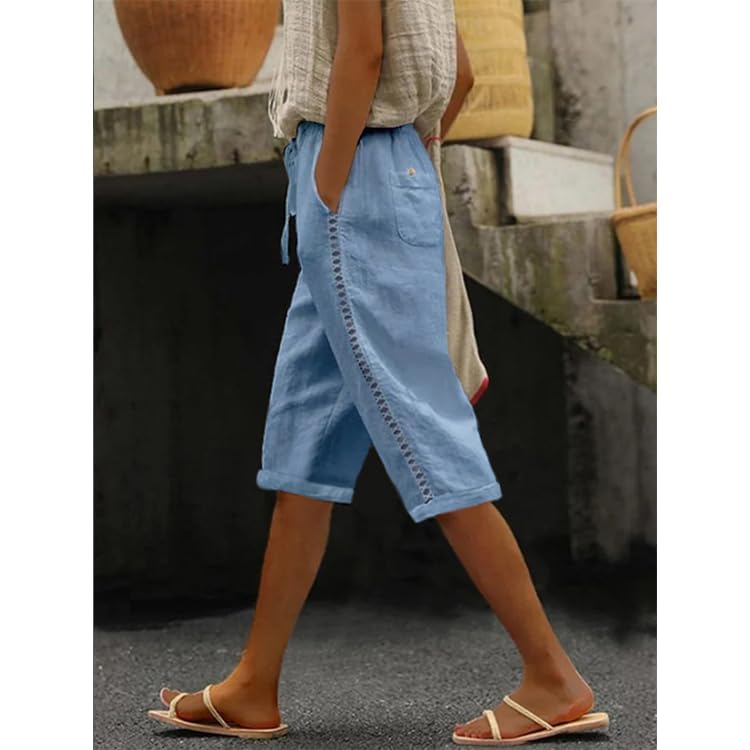 Womens Linen Bermuda Shorts Summer Side Lace Elastic Waist Drawstring Solid Color Wide Leg Pants with Pocket2
