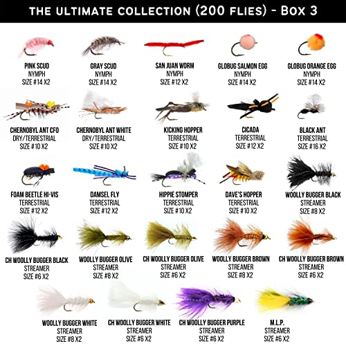 Image of Ventures Fly Co. | 200 Premium Hand Tied Fly Fishing Flies Assortment | Three Fly Boxes Included | Dry, Wet, Nymphs, Streamers, Wooly Buggers, Terrestrials | Trout, Bass Lure Set, Kit