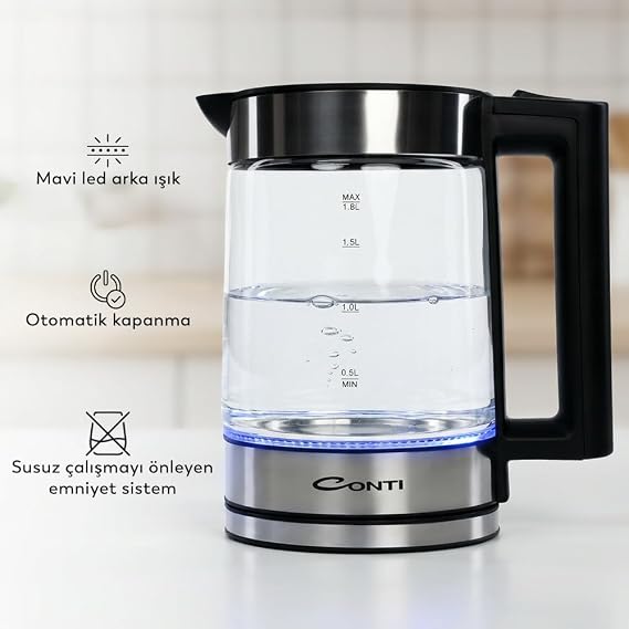 Conti CK-252 Excellent Kettle 1.8 L Cam Gövdeli Su Isıtıcı | 2200W Hızlı Kaynatma | LED Aydınlatmalı | Paslanmaz Çelik Taban | Otomatik Kapanma | Gold
