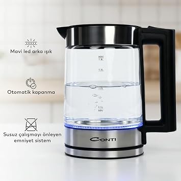 Conti CK-252 Excellent Kettle 1.8 L Cam Gövdeli Su Isıtıcı | 2200W Hızlı Kaynatma | LED Aydınlatmalı | Paslanmaz Çelik Taban | Otomatik Kapanma | Gold