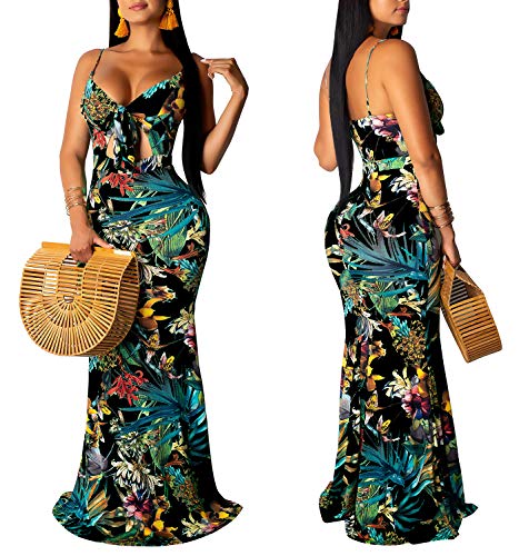 Image of Women's Summer Floral Spaghetti Strap Long Maxi Dresses Low-Cut Bohemian Beach Sundress