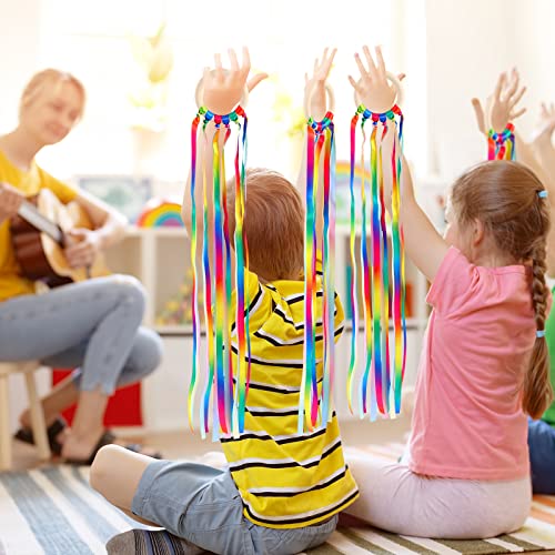 Image of Junkin Ribbon Rings Hand Kite Waldorf Toys Dancing Wrist Ribbons Rainbow Streamers with Wood Ring Educational Toy for Playroom Dancing Birthday Party Gift(Gradient,24 Pcs)