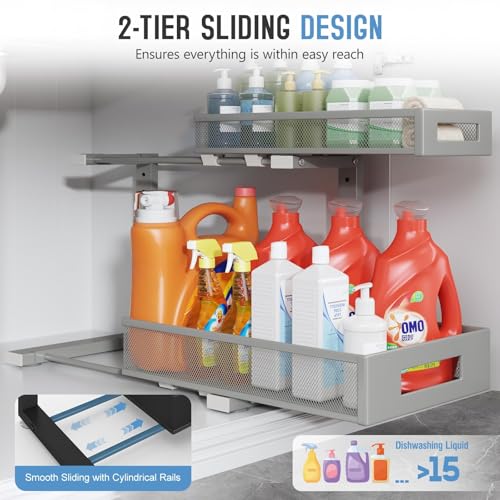 Image of 1 Pack 17IN Depth Under Sink Storage Organizer, Large 2-Tier Elegant Mesh Pull Out Shelf for Kitchen and Bathroom Cabinet Organization, L-Shaped and Adjustable Height Design-Gun Gray