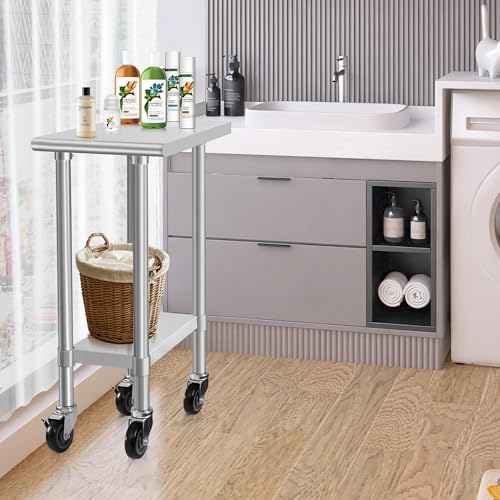 Image of HARDURA Stainless Steel Commercial Table Prep & Work Table with Casters Heavy Duty Metal Table with Wheels NSF 430 24x15 Inches