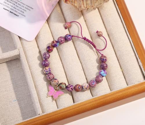 Birthday Bracelet for 6-18 Years Old, Purple Natural Stone Butterfly Charm Bracelet, Gift for Daughter Granddaughter Niece Niece Teenage Girl Holiday Bracelet Gift 6