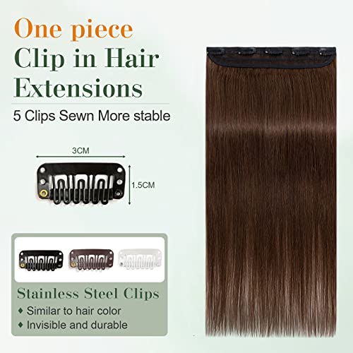 Image of Benehair One Piece Clip in Hair Extensions Human Hair Medium Brown Hair Extensions Clip in Human Hair 20inch 3 /4 Full Head Straight Remy Human Hair 5 Clips