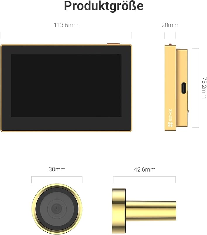 EZVIZ CP2 WiFi Ajtókamera 4,3" Színes Kijelzővel - 1080p Vezeték Nélküli Videós Kaputelefon 146° Látószöggel, 2200 mAh Akkumulátorral, Arany