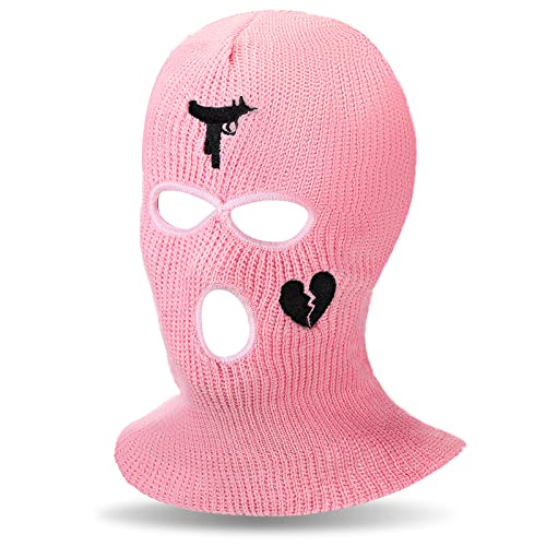 3 Hole Ski Mask Knitted Full Mask Windproof Balaclava Mask Winter Full Face Cover Cycling Mask Neck Warmer For Men Women (Pink) #TOP6
