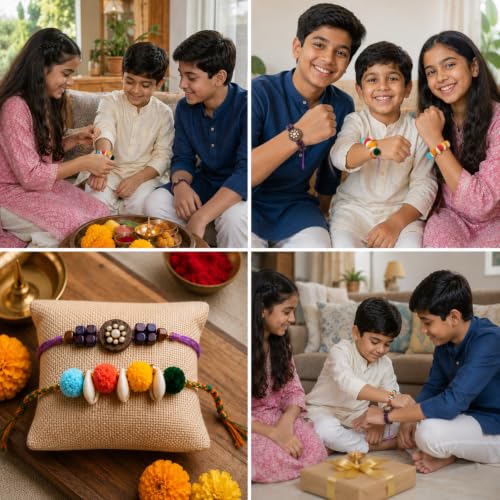 Image of Phool Dastkaar Wood & Kaudi Rakhi Set of 2 for Brother | Handcrafted Designer Combo | Traditional Wooden & Cowrie Shell | Raksha Bandhan Rakhi for Bhai