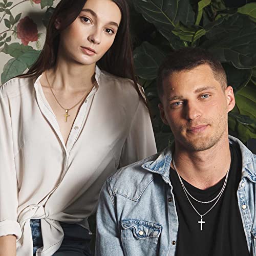 Fathers Day Gifts For Dad Son - Cross Necklace For Boys, Mens Cross Necklace Stainless Steel Layered Rope Chain Cross Pendant Necklace Simple Jewelry Valentines Gifts Cross Chain Necklace For Men 16-18 Inch Silver Chain For Men #TOP2