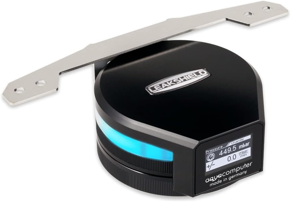 Aquacomputer LEAKSHIELD Standalone device with an attached mounting bracket, displaying pressure readings and RGB lighting.